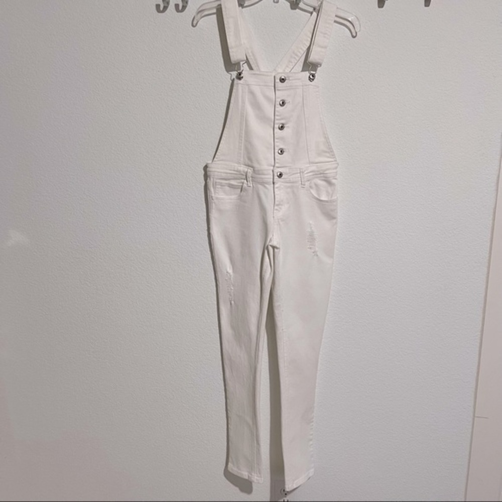 Blue Asphalt White Denim Jean Overalls  Suspenders Skinny Pockets Button Down L